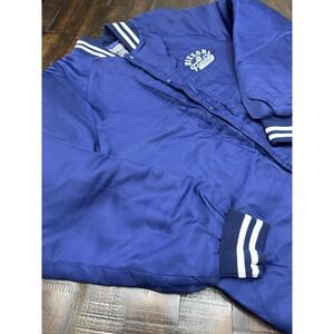 Dixxon Pastime Mens Small Blue Satin Varsity Bomber Jacket Snap Front Flannel